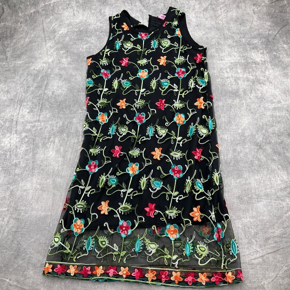 Magic Dress Women Medium Black‎ Multi Floral Embroidery Shift Sheer Boho Folk